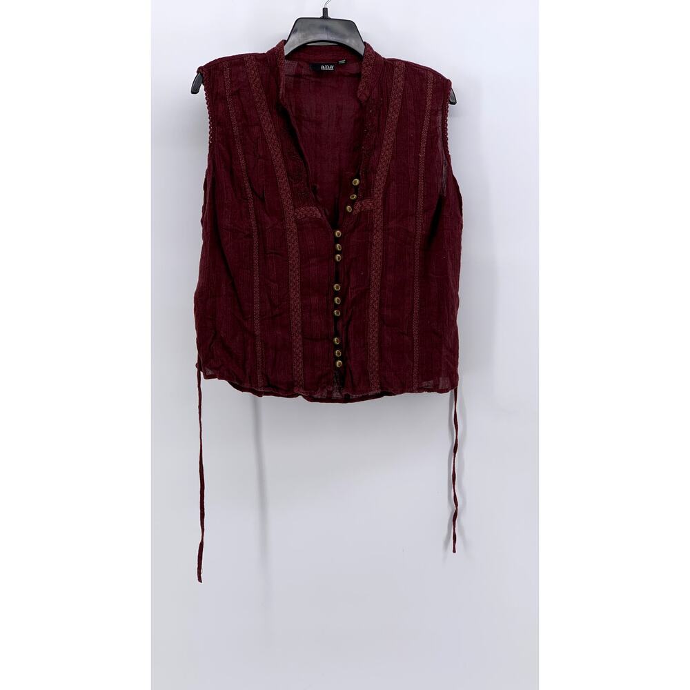 A.N.A A NEW APPROACH Women's Burgundy Knit Sleeveless Button-Up Top SZ L